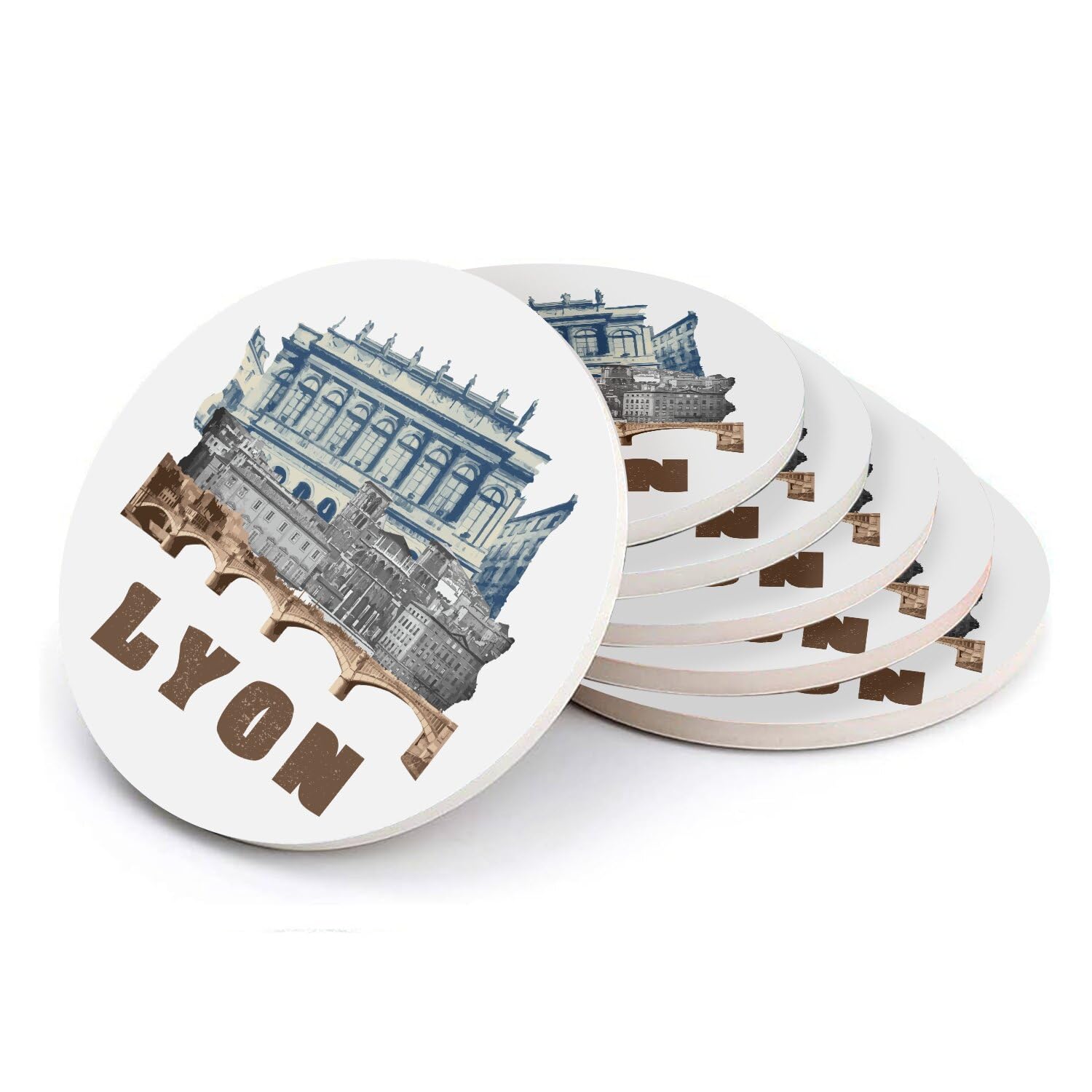 Sous verre ronds en céramique Lyon cadeau culturel lot de 6