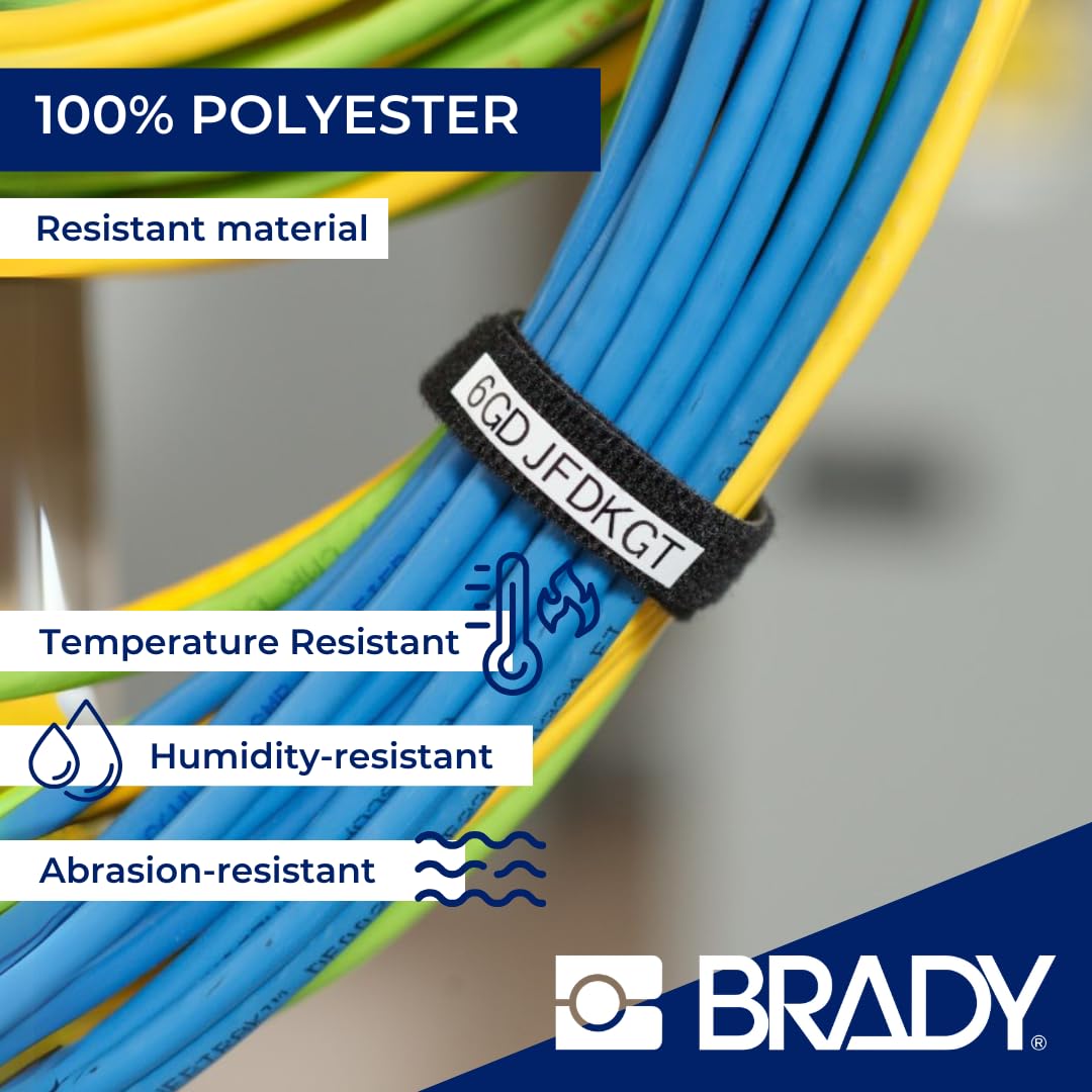 Brady Etykiety na rzepy BradyGrip™ dla drukarek M210 & M211 – Wielokrotnego użytku etykiety poliestrowe do oznaczania kabli – Czarny na Białym (12,7 mm x 6,40 m) – M21-750-414