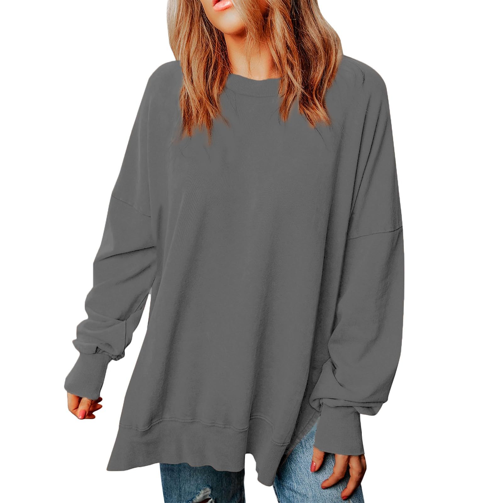 Womens Overszied Sweatshirt Solid Crewneck Pullover Tops Fall Casual Side Split Clothes for Women Loose Fit Y2K Tops