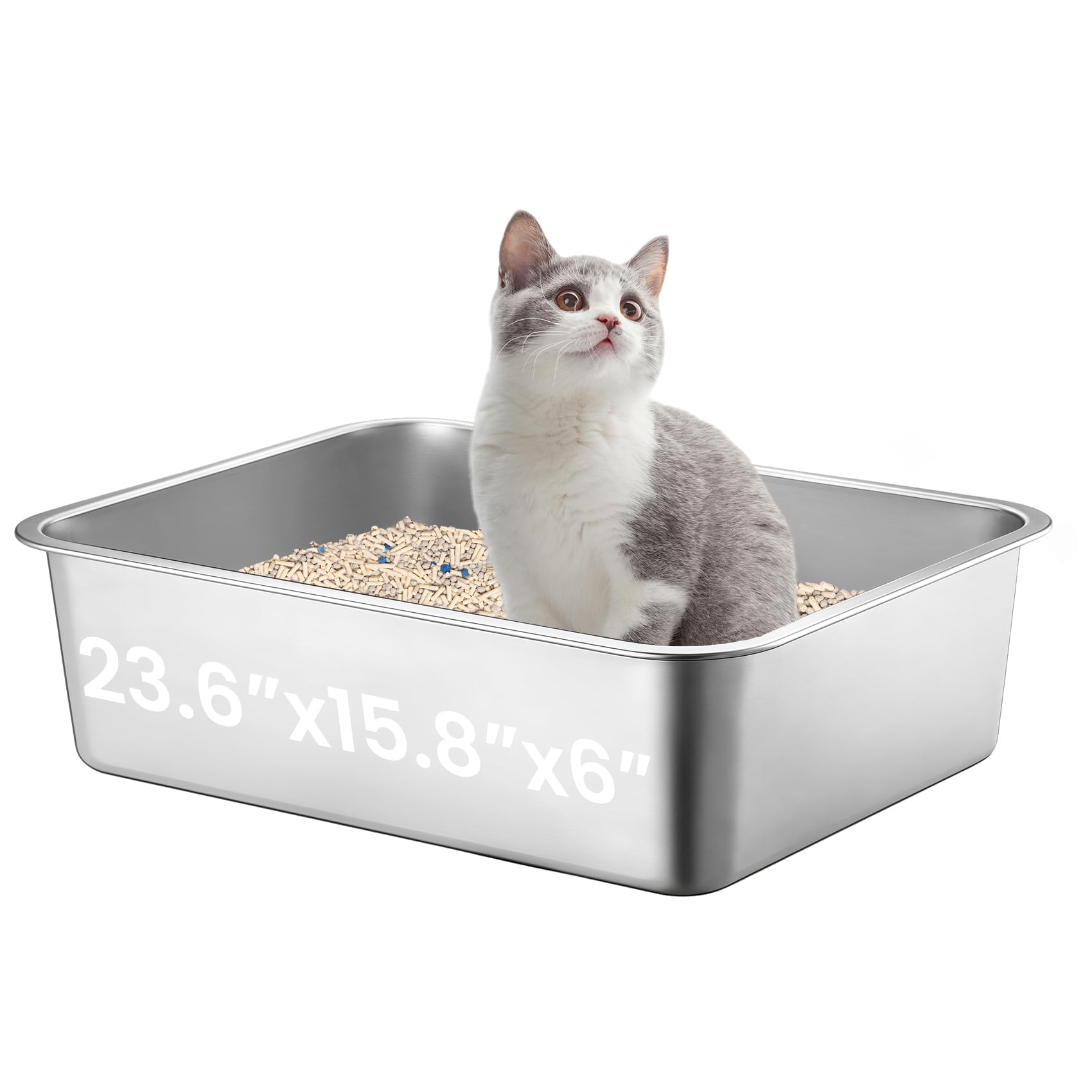 Petinstinct Extra Large Stainless Steel Cat Litter Box, 23.6”x15.8”x6” Metal Litter Box with High Sided for Small Big Cats, Odor Free Kitty Litter