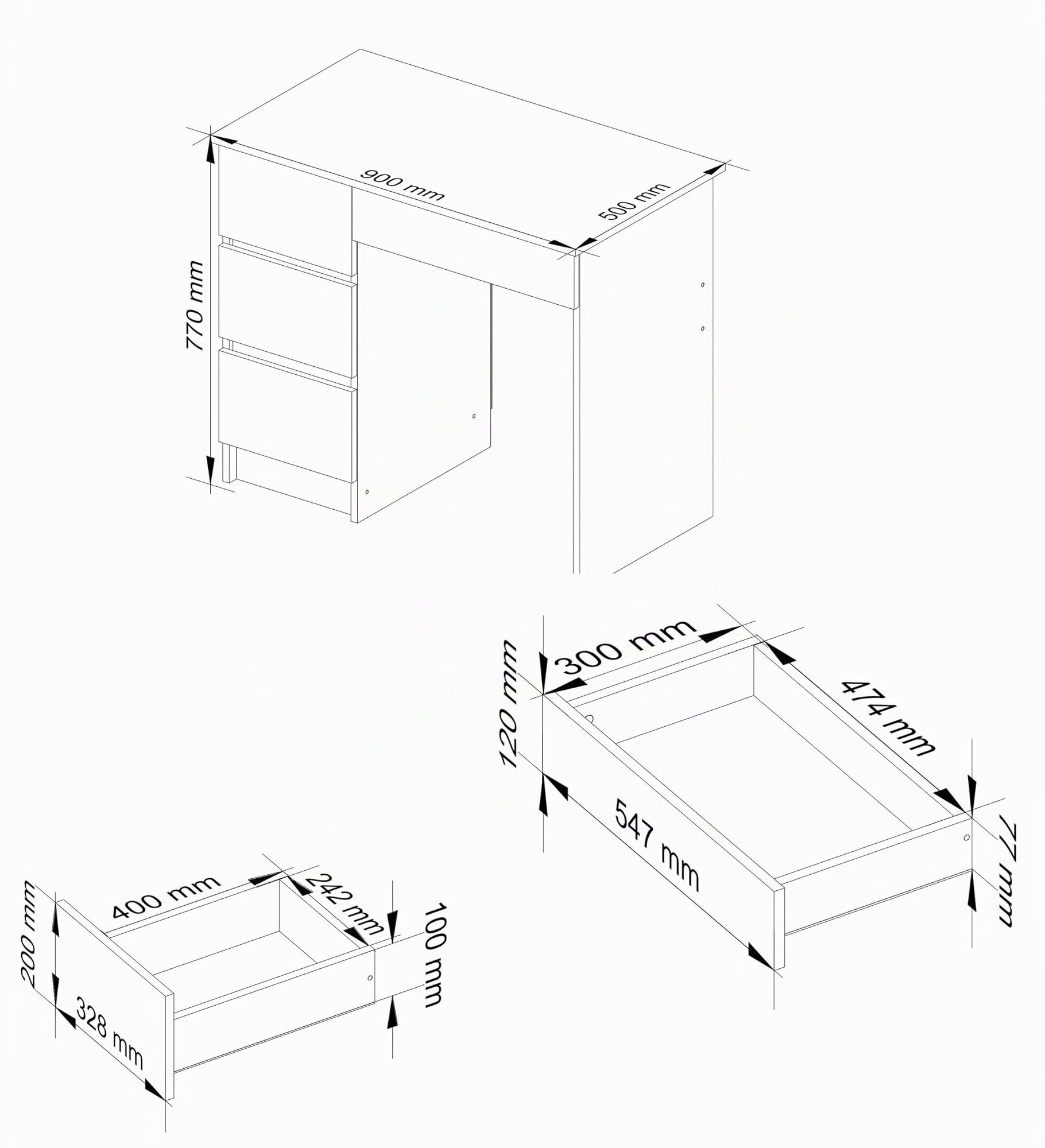 Home Collective Computertisch Bürotisch mit ausziehbarer Tastaturablage, Schreibtisch Laminatplatte mit ABS-Kante, mit 4 Schubladen Links, 90 x 50 x 77 cm, weiß