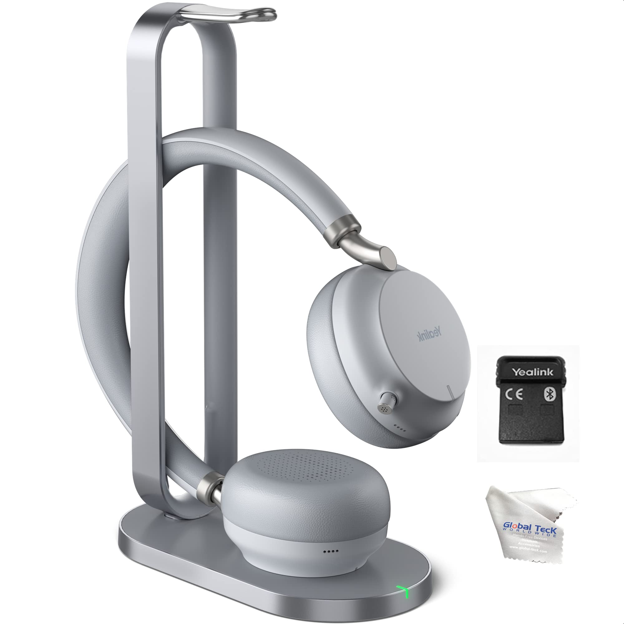 Yealink BH72 Bluetooth Headset UC with Charging Stand, USB-A (Grey) - GTW Bundle Yealink Wireless Headset with Global Teck Microfiber Cloth - Compatible for Office and Home Use