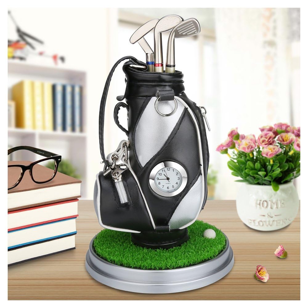 Tazweeq 1Set Mini Desktop Aluminum Alloy Golf Bag, Pen Holder, with Golf pens Clock, Set of Golf Souvenir, Event Souvenir Novelty Gift
