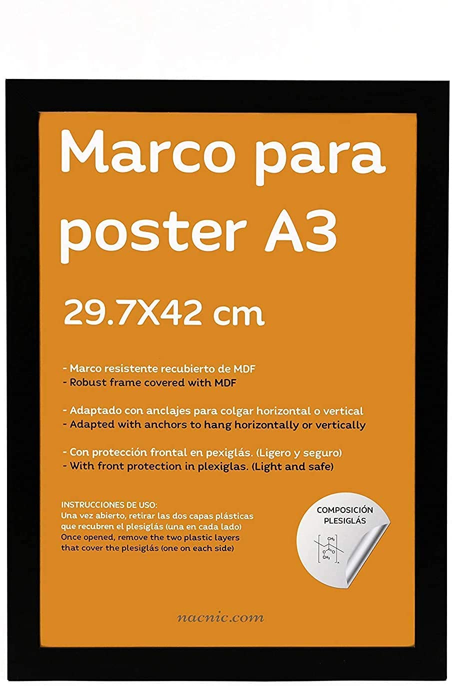 Nacnic - Pack 12 Marcos de Madera MDF Negro y Vidrio Acrílico | Protección y Expositor de Fotografías, Láminas, Pósters, Cuadros y Decoración para Salón, Dormitorio u Oficina | A3 (29,7x42 cm)