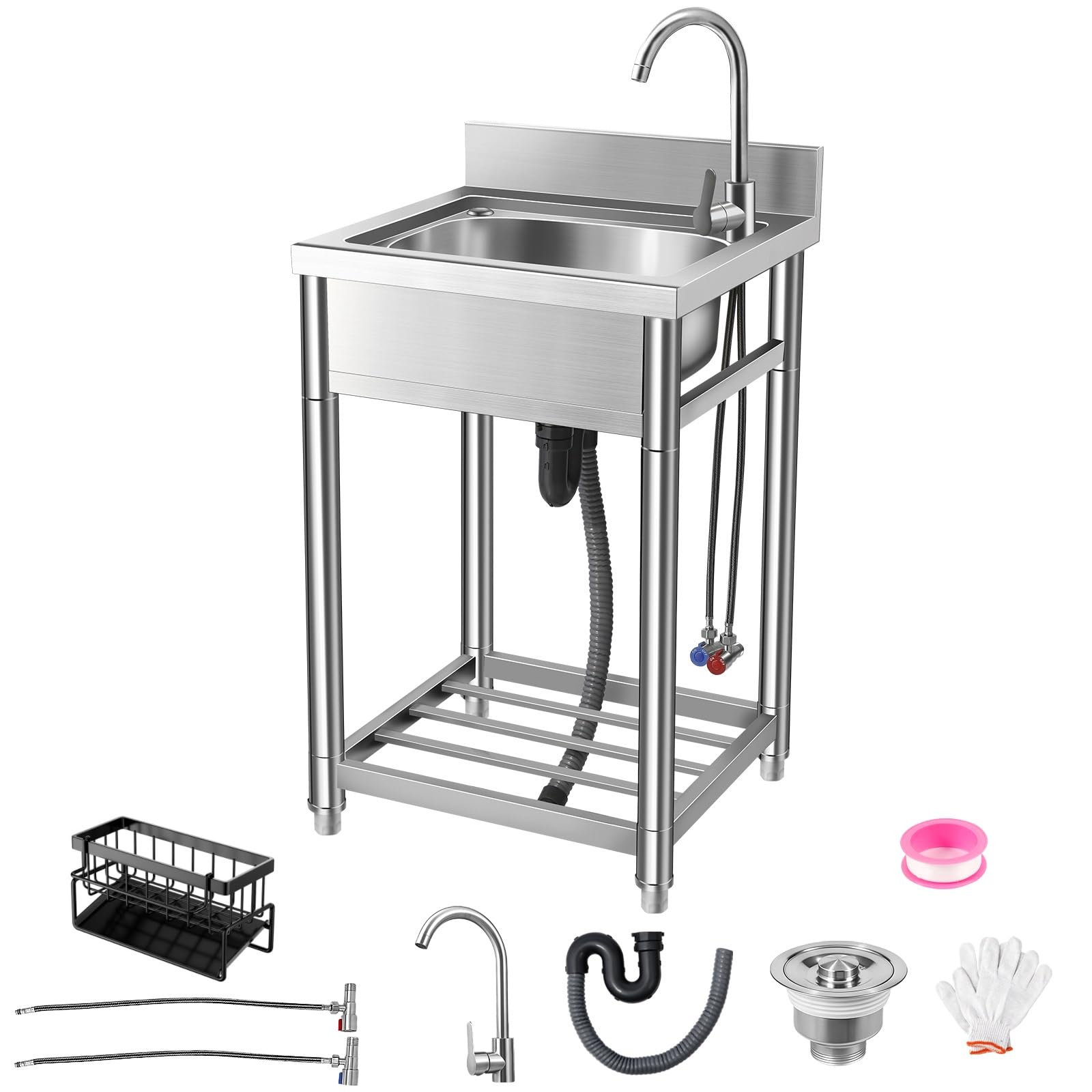 Évier utilitaire sur pied 55cm en acier inoxydable avec robinet complet