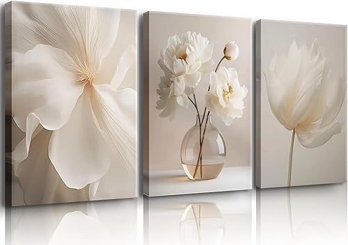 DIACEES 3 Pcs White Peony Wall Art Beige Floral Wall