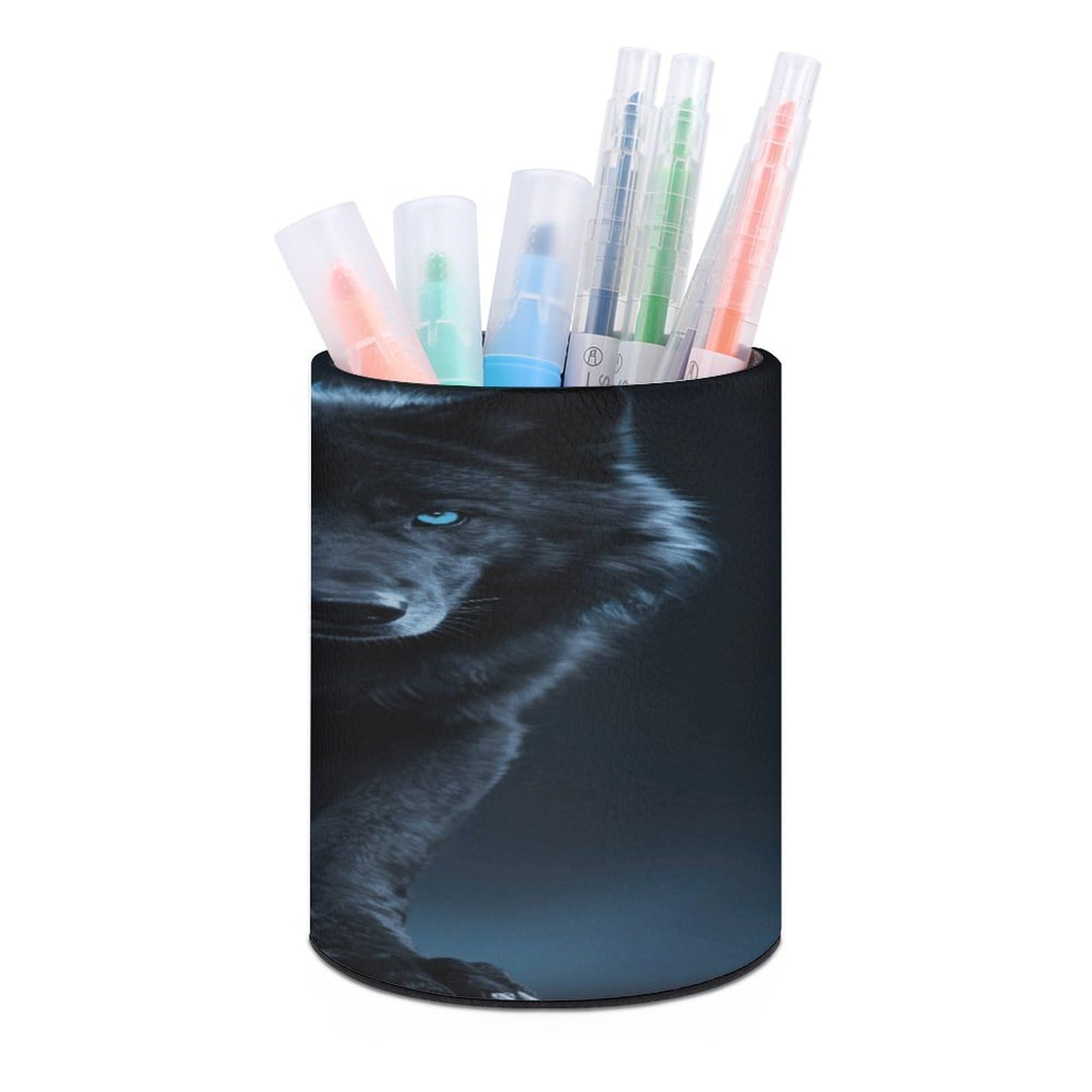 VstaDank Cool Cyan Black Wolf Pen Holder for Desk Makeup Brush Holders Stylish Pen Cup Cute Pencil Cup Round Pencil Holder Decor Brush Scissor Holders for Multifunctional Office Supplies