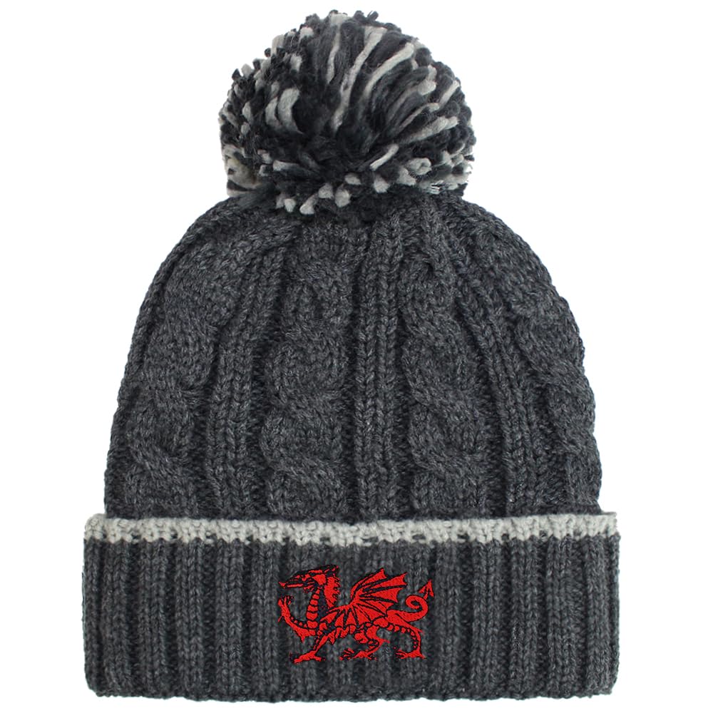 TeddyT's Welsh Dragon Embroidered Grey Chunky Cable Knit Thermal Bobble Hat