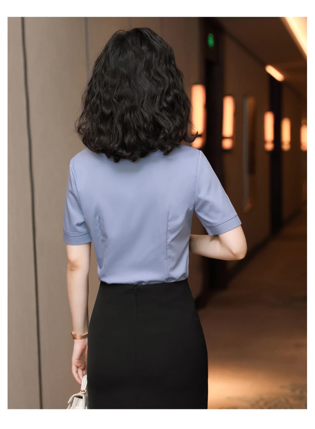 Camisa con Botones para Mujer Blusa de Negocios de Manga Corta con Cuello en V para el Trabajo Oficina Blusas Formales de Verano Navy Blue S