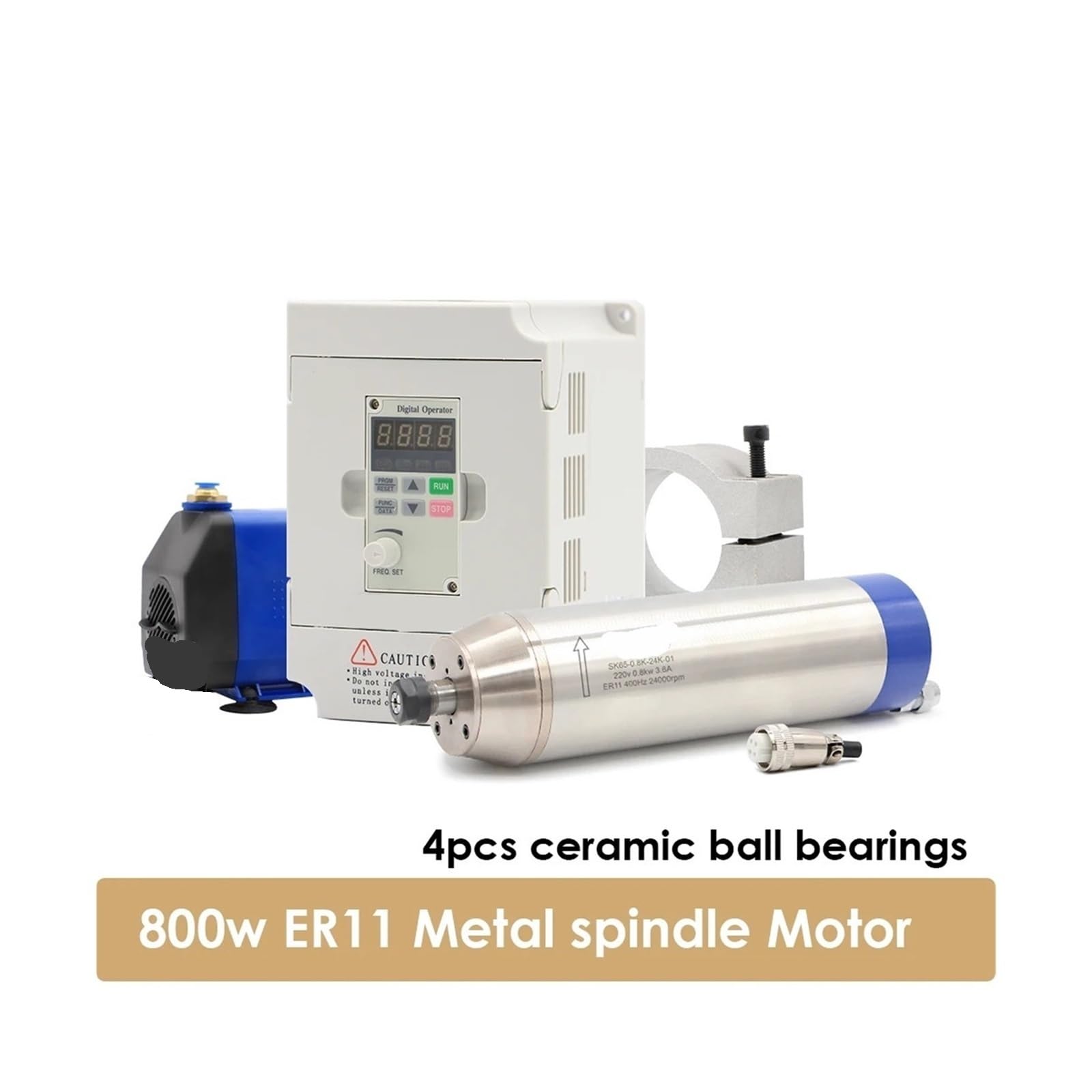 KACOME 0.8KW ER11 Metal Work Spindle Motor 4 Ceramic Ball Bearings &1.5KW Frequency Converter &65mm Stand &75W Water Pump(220v,Inverter-BD600)