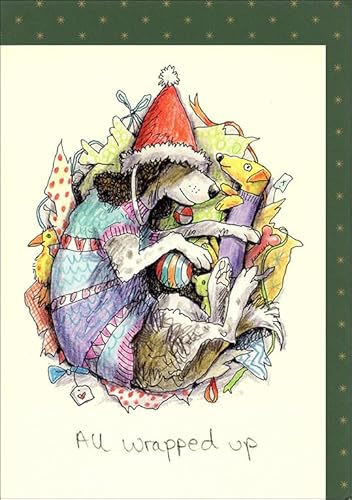 グリーティングカード クリスマス「クリスマスディナー」 メッセージカード 封筒付き/緑柄 猫 (プレゼントと包まれた犬)