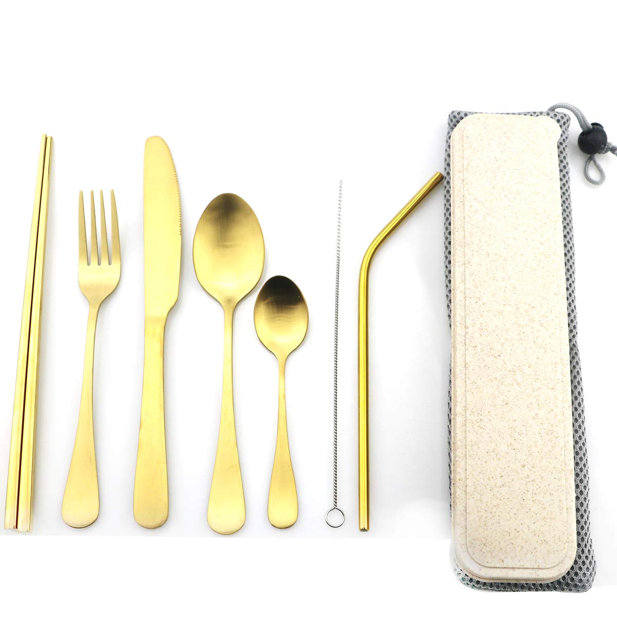 Gold Reusable Utensils with Case Camping Travel Silverware Set,Portable Stainless Steel Cutlery Set - Matte Flatware Set Knife Fork Spoon Mirror Straws Chopsticks - for Office Lunch, Hiking, School