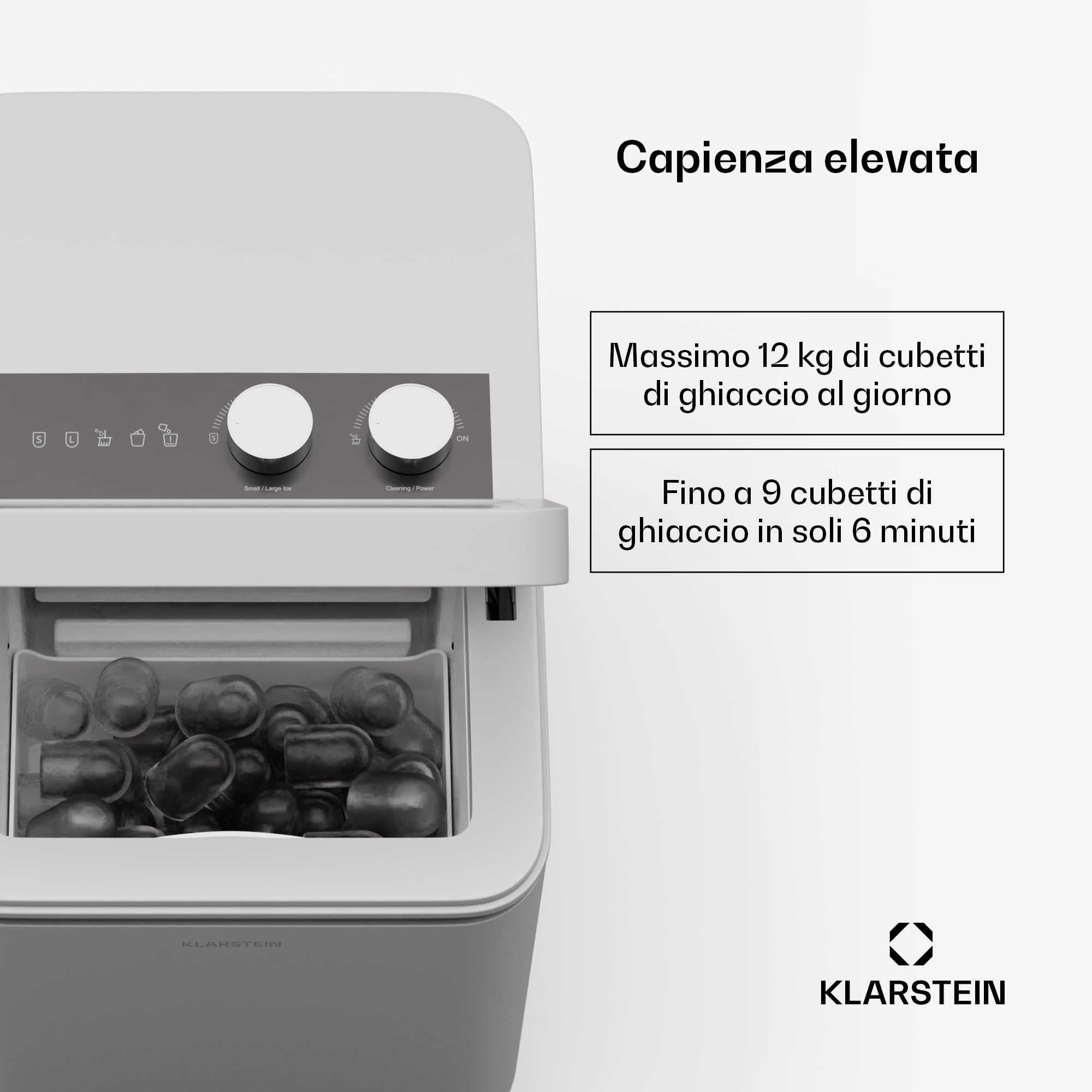 Klarstein IceCraft - Macchina del Ghiaccio, 12kg/24h, Cubetti in 6 Minuti, 2 Dimensioni, Facile da Usare, Design Moderno, Pulizia Automatica, Macchina del Ghiaccio per Casa e Bar, 150W, Bianco