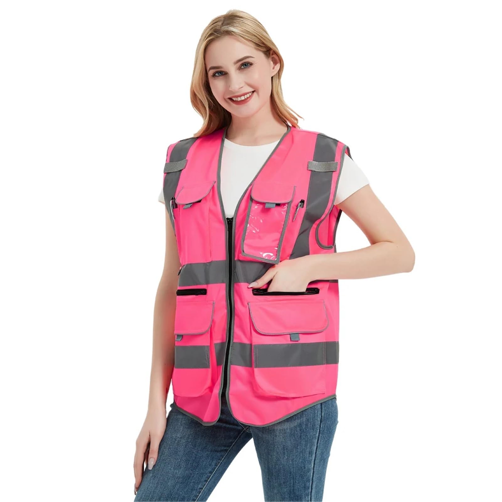 Gilet di Sicurezza Rosa ad Alta visibilità for Uomo Donna - Uniformi da Lavoro con Tasche Abiti(L)