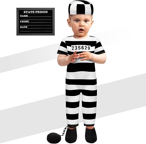 Miniatura 2 de Disfraz de condenado de prisionero de Halloween de 4 piezas con esposas de juguete, disfraz de prisionero para fiesta de Halloween