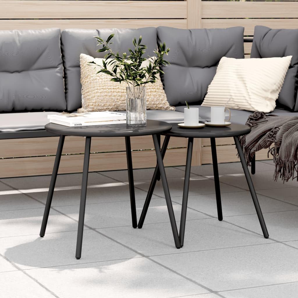 Small Garden Coffee Table Set of 2 Black Powder-Coated Steel Round Outdoor Patio Tables for Balcony Backyard and Indoor Use with Sturdy Modern Design