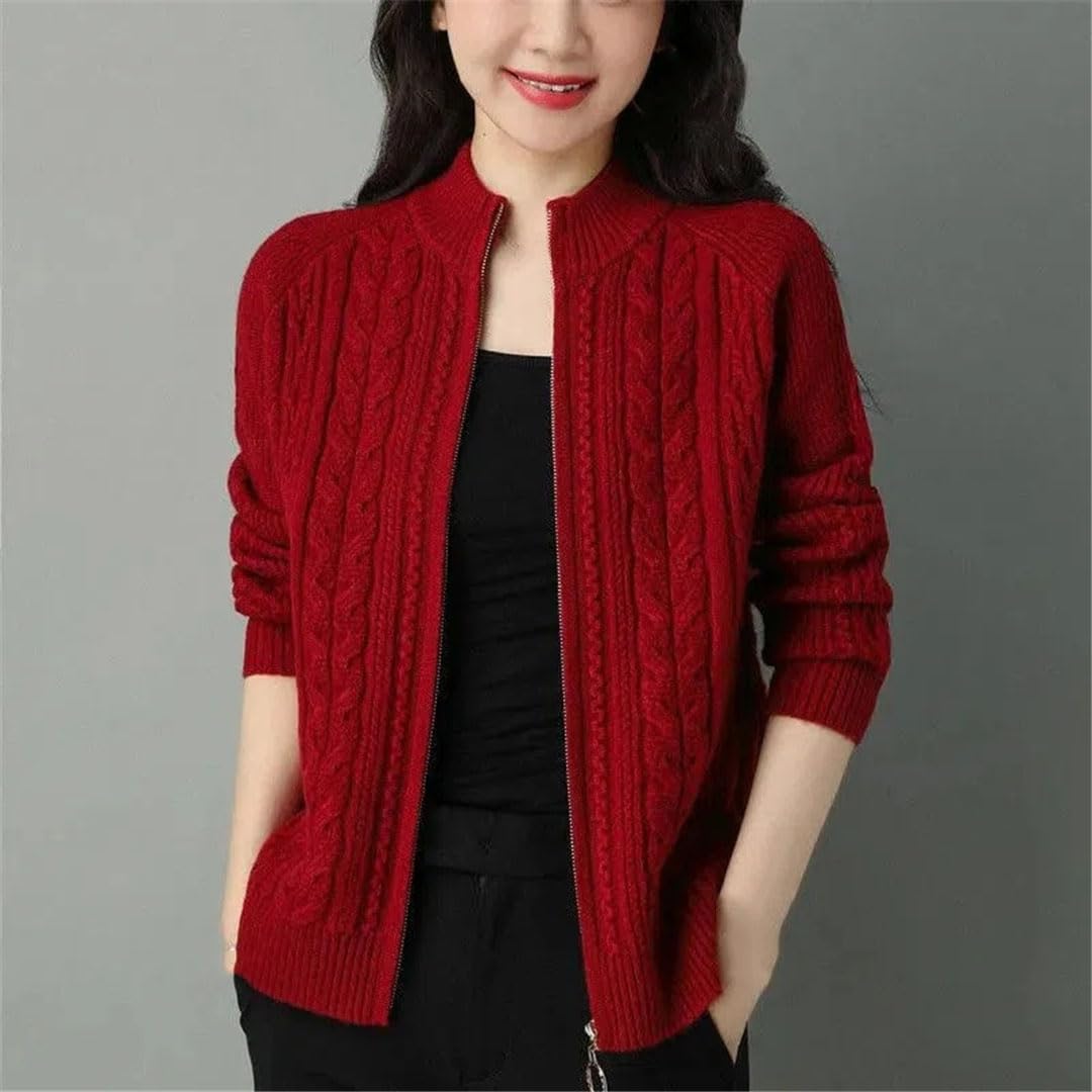 Ownwfeat Maglione Intrecciato con Zip A Mezzo Collo Alto da Donna con Cappotto A Maniche Lunghe Larghe.