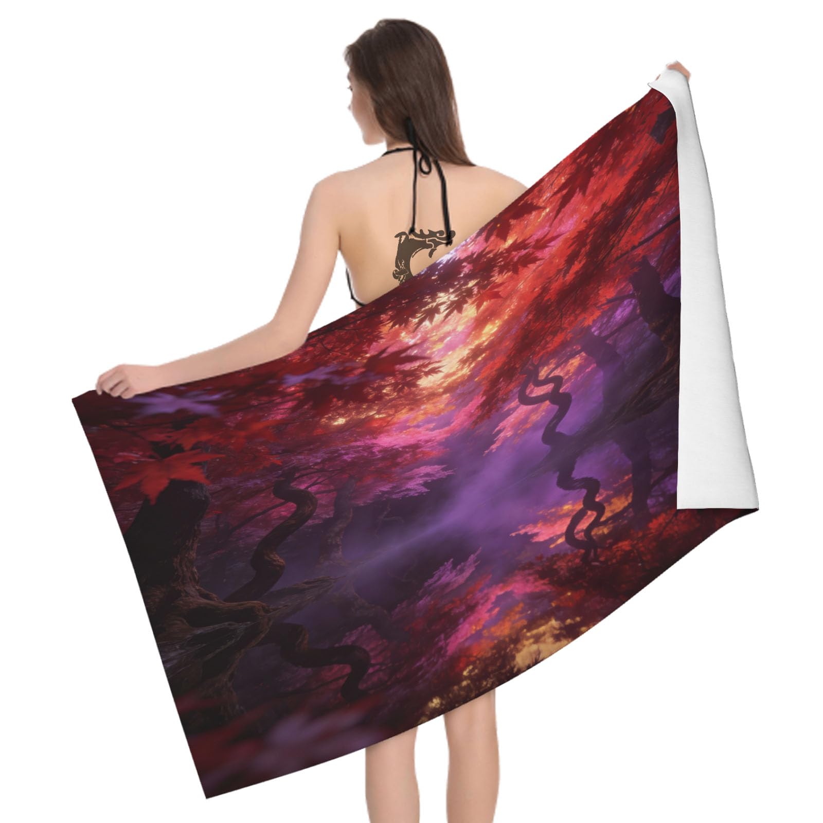 Leichong 3D Red Maple Forest Beach Towel Large Microfiber Soft Quick Dry for Adults, Misty Fog Bath Towel Lightweight Soft Absorbent for Travel Swimming Pool Sports, 80 x 160 cm