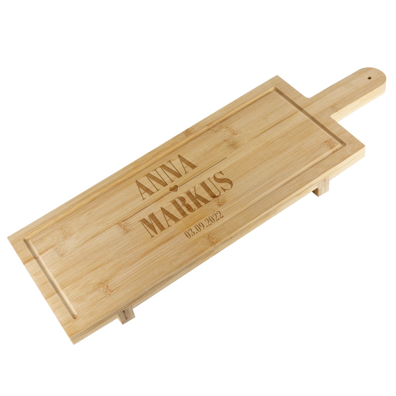 Herz & Heim® XL Bambusbrettchen mit Griff, 58 cm x 19 cm, graviert mit Wunschtext, verschiedene Motive (Wunschnamen und Datum, 88 cm x 26 cm)