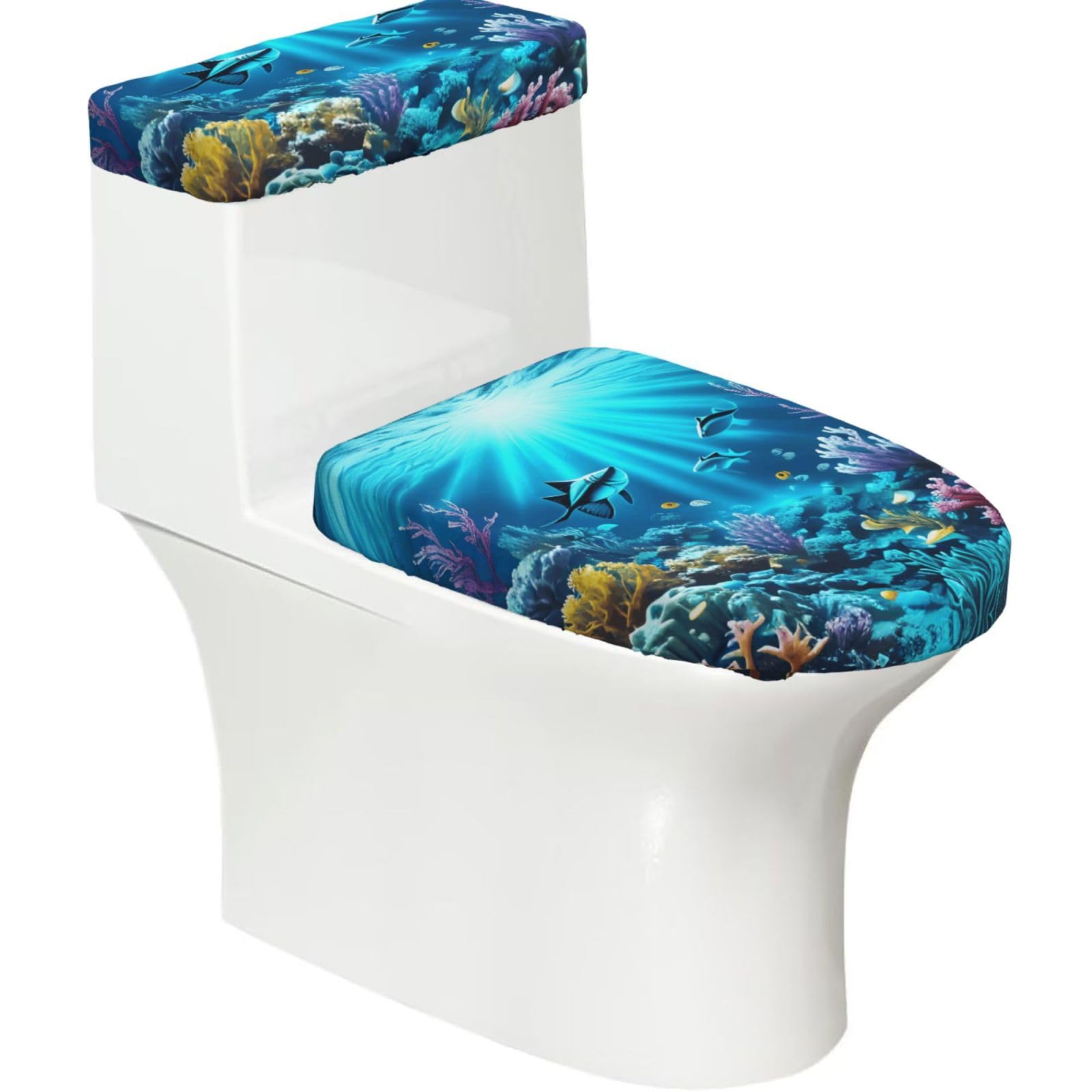 Cntdbu Black Submarine Coral Rays Stretchy Toilet Lid And Tank Cover Set-Soft Elastic Bathroom Decor For U Shape Oval