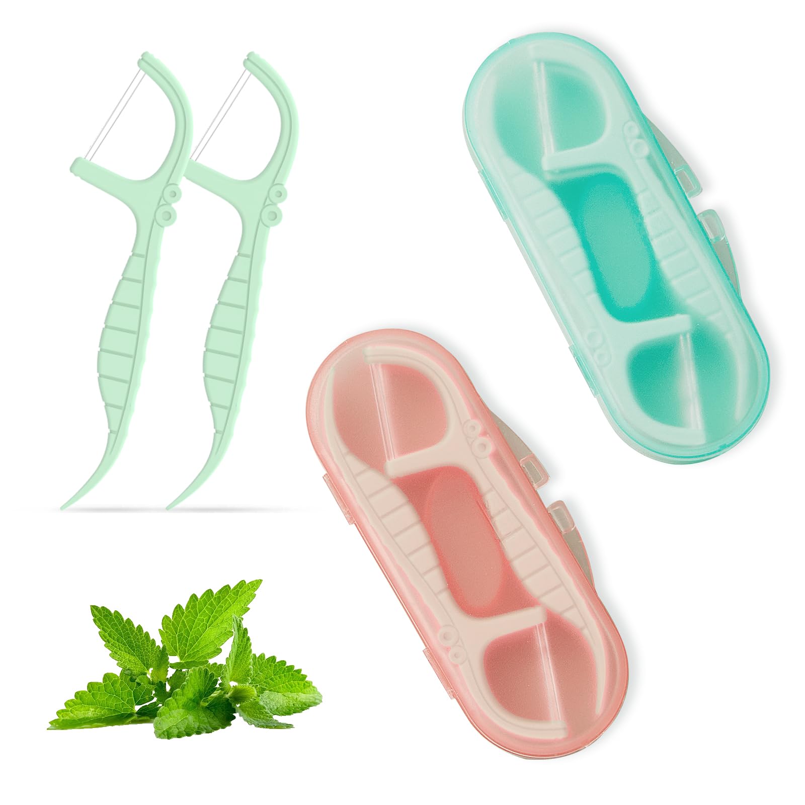 Travel Floss Dispenser for Purse/Pocket,Reusable Sealed Ultra-Compact Dental Flossers Portable Case,Mini Floss Organizer,with 40 Count Mint Flavor Professional Toothpicks Sticks(PinkGreen)