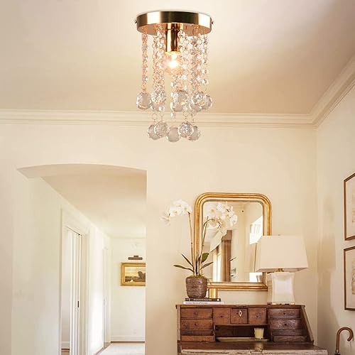 Miniatura 7 de Mini candelabro moderno con bola de cristal, lámpara de techo decorativa para pasillo, dormitorio, sala de estar, baño (dorado, 5.9 pulgadas)