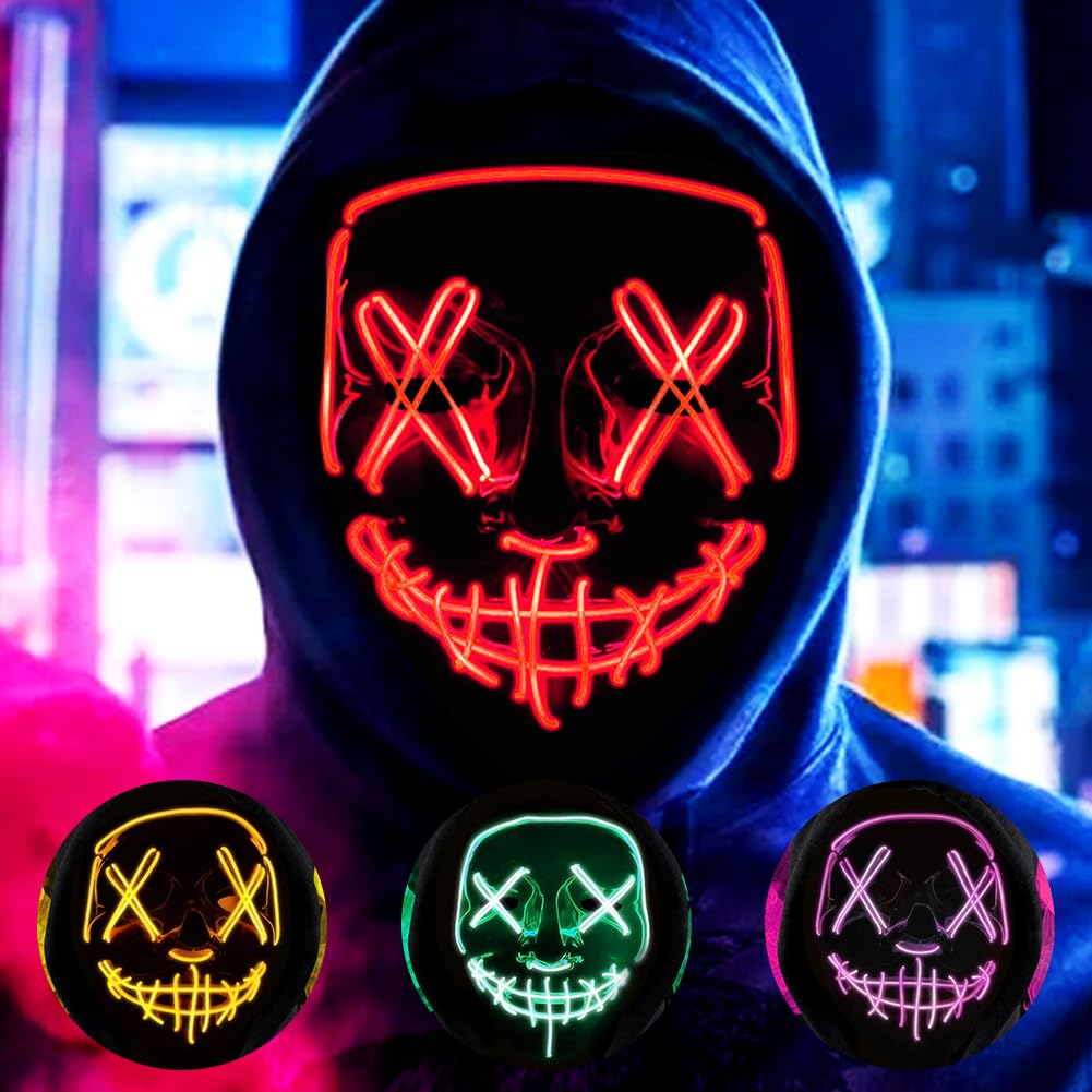 Halloween Masks, LED Light Up Mask, Anonymous Neon Mask, Scary Masks with 3 Lighting Modes