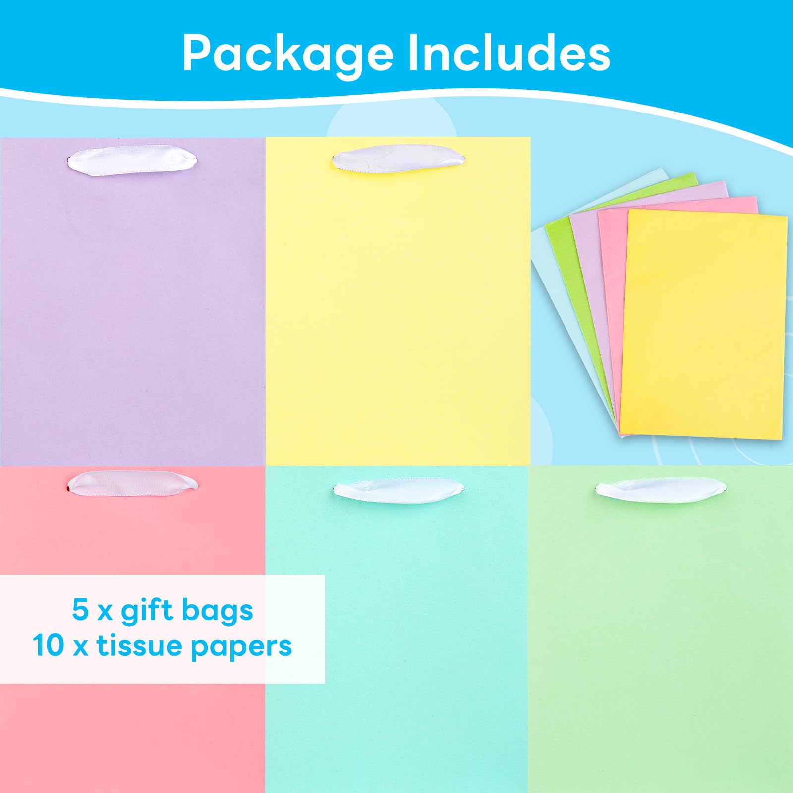MOXARYSU 5 Pcs Small Medium Gift Bags With Handles: 7x4x9 Pastel Kraft Paper Bags With 10 Tissues For Party, Birthday,Baby Shower,Wedding（Soft Color）