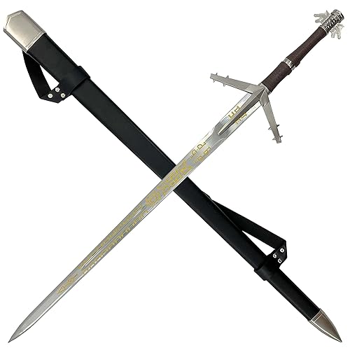 Witcher Aerondight Sword of The Lady of The Lake – Overall 50" - Double-Edged Blade with Gold Detailing, Leather Wrapped Handle & Scabbard, Wolf Head Pommel, and Back Strap