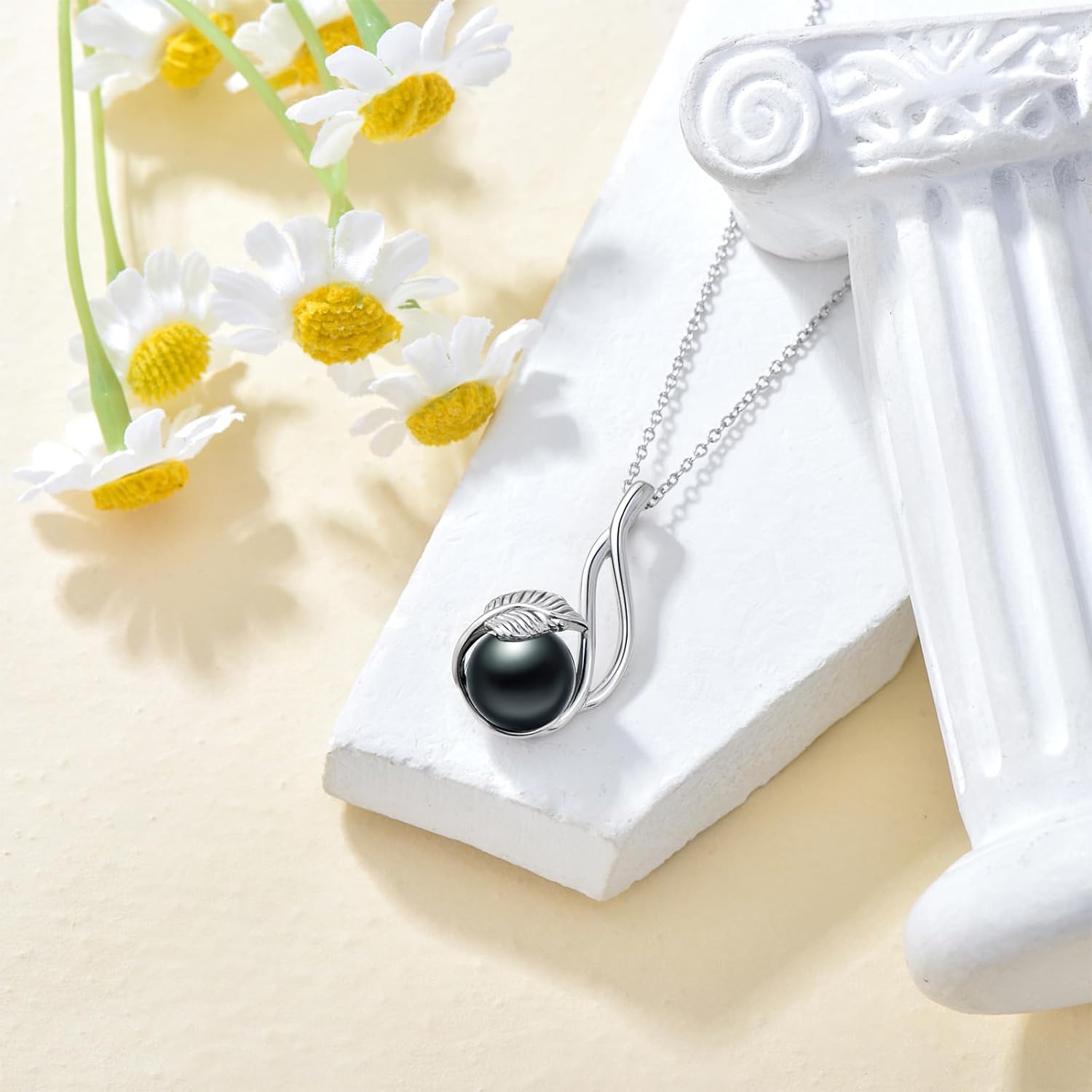 Black Pearl Pedant Necklace Leaf Infinity Design For Womens Sterling Silver Forever Love Necklace 10mm Pearl 18"+2" inches Chain Gift For Valentines Mother's Necklace
