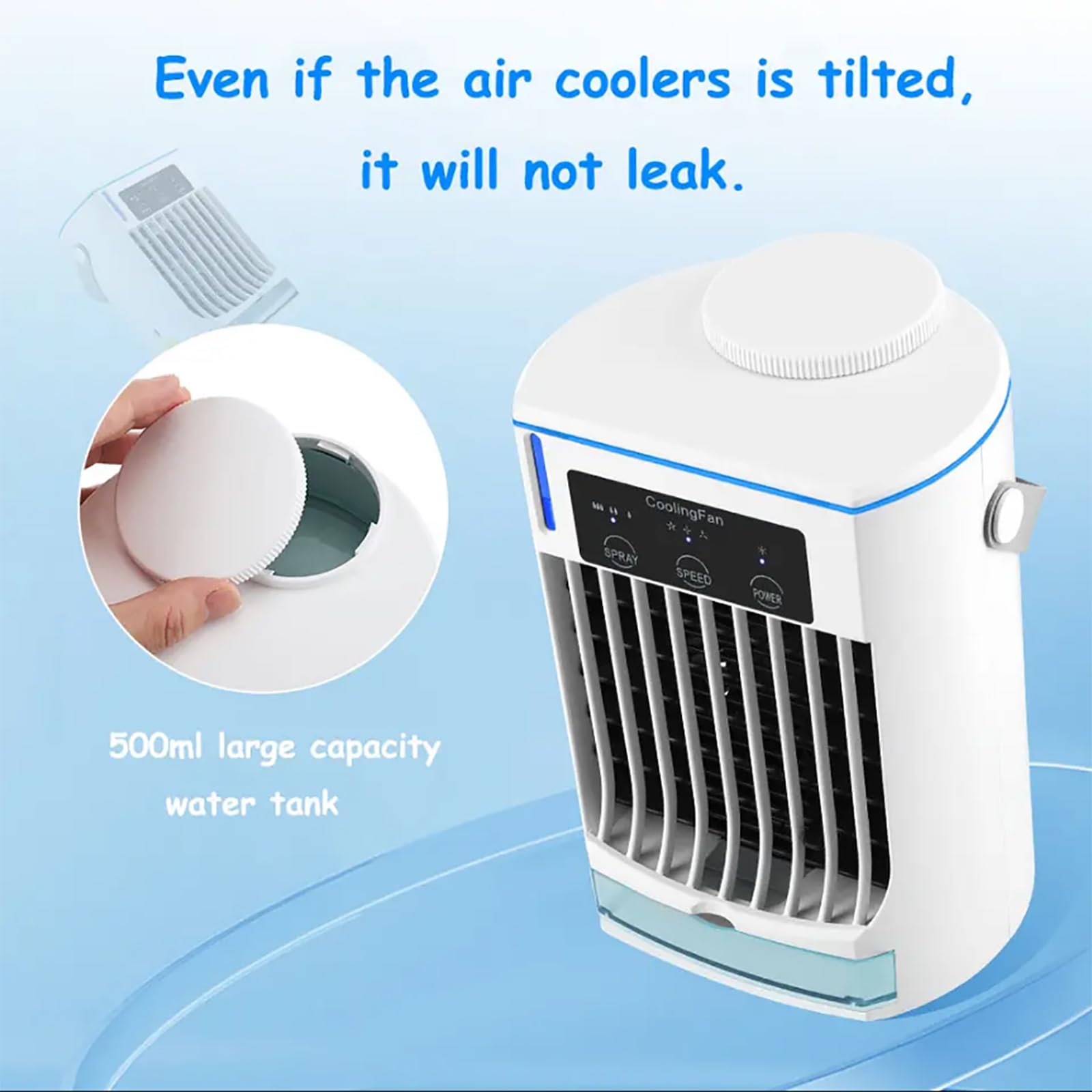 Tragbare Klimaanlage, Mini Verdunstungskühler mit 3 Windgeschwindigkeiten, 2 Modi, 500 ml Wassertank, Abnehmbarer Kohlefilter für Zuhause, Zimmer, Büro