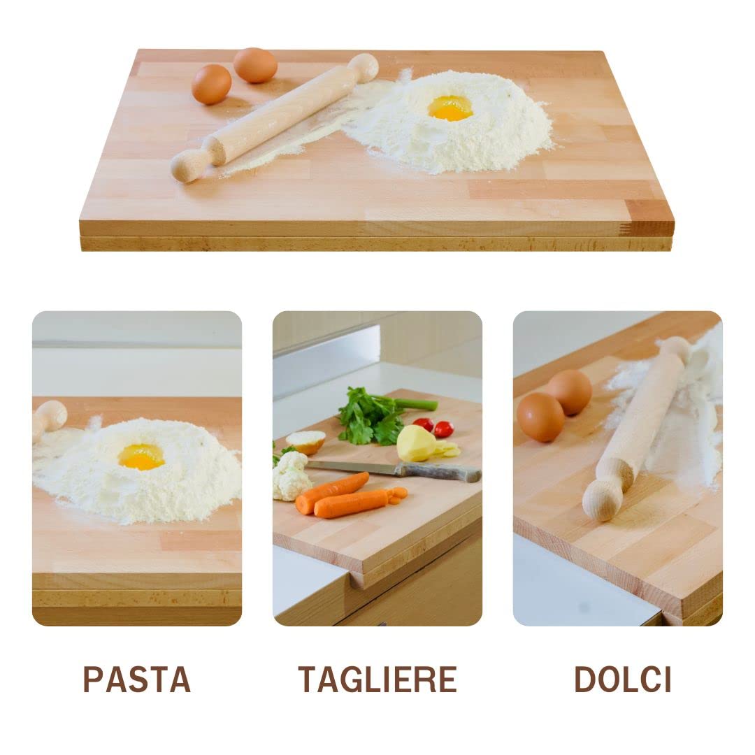 Tabla de pasta, rodillo incluido, 100% madera de haya, 60 x 40 x 1,9 cm, con escalón (2,2 cm)