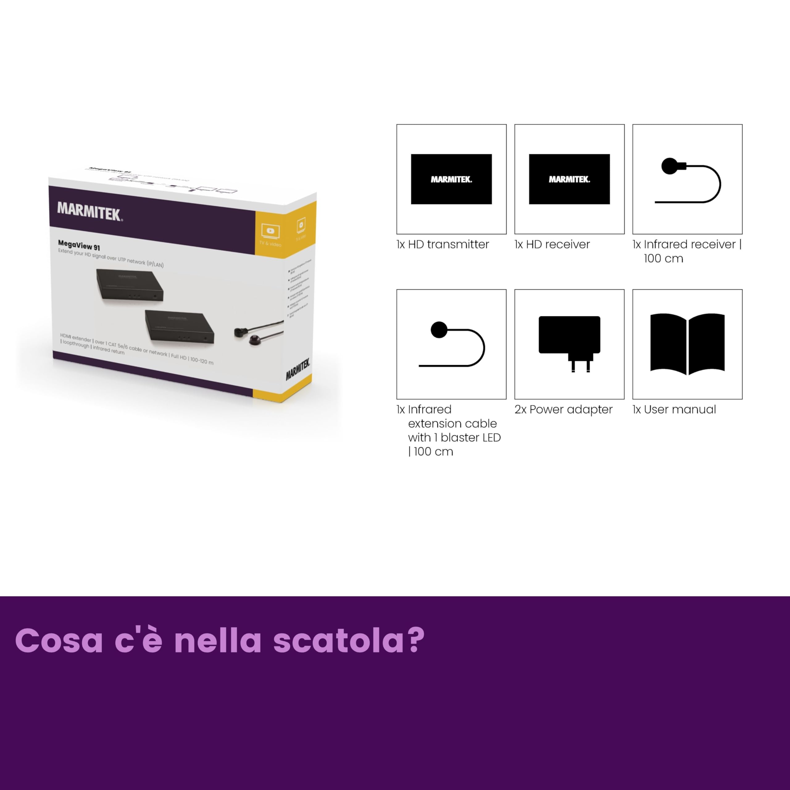 Marmitek MegaView 91 - Extender HDMI over Ethernet 120 m LAN con ritorno IR | Prolungatore HDMI CAT5e/CAT6 Full HD 1080p, ritorno IR, loopthrough, 1 trasmettitore verso più TV, router e switch