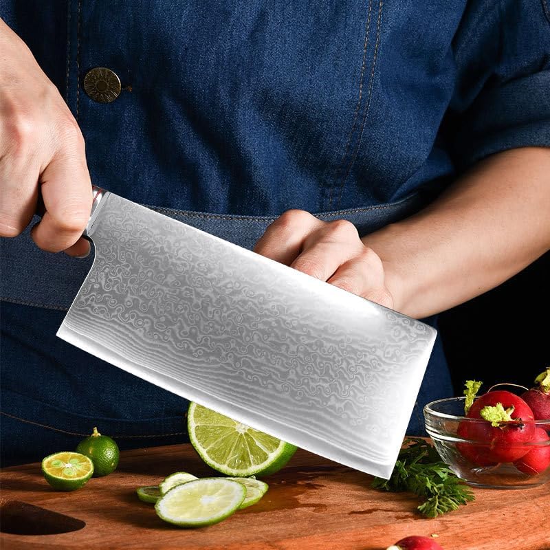 Meat Cleaver, 7 Inch Professional Cooking Damascus Steel Slicing Knife Wood Handle Cleaver Meat Fruit Kitchen Knives