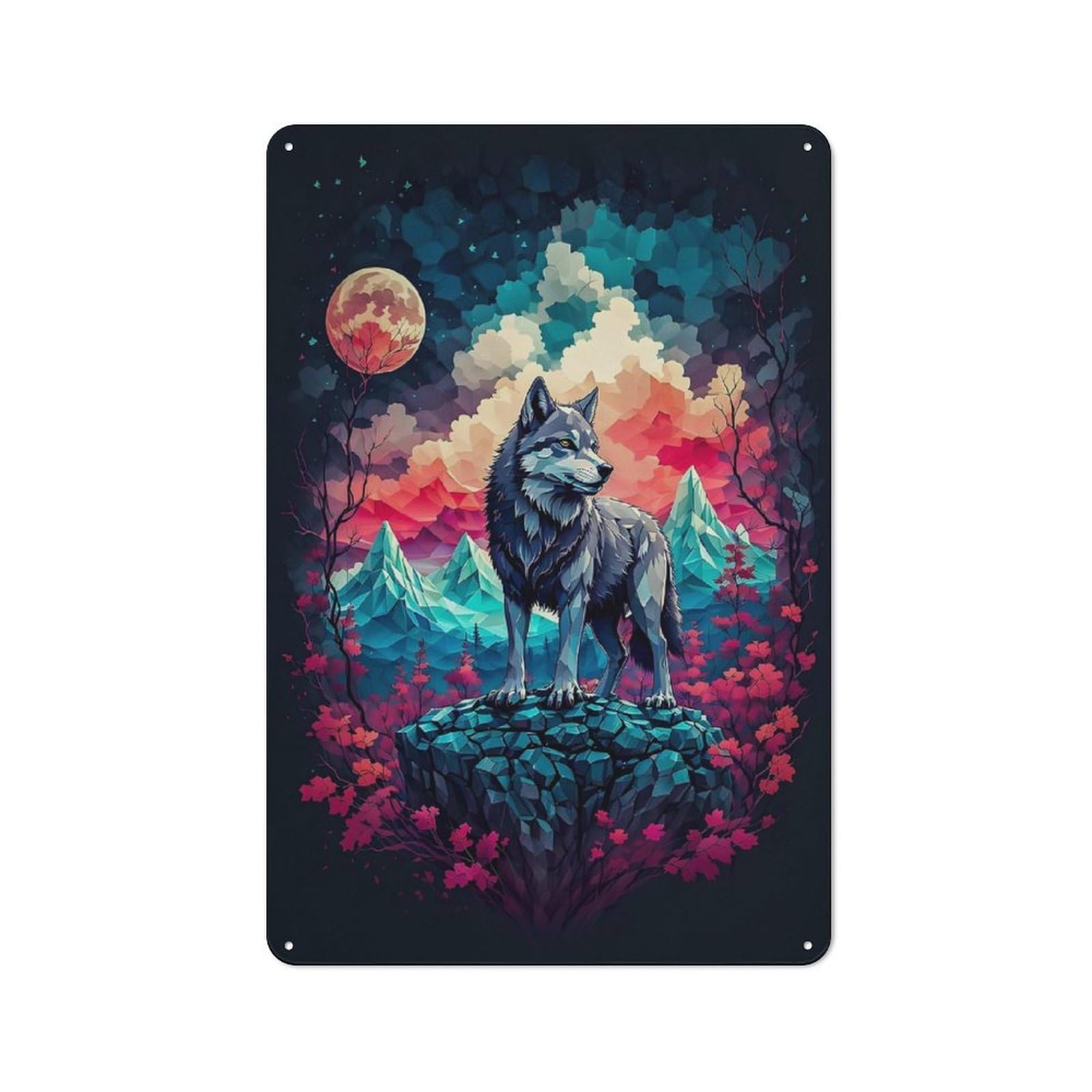 Junmoney Wolf On Full Mooo Retro Metal Wall Sign 30X20cm For Guest Room Or Hallway, A Housewarming Gift For Home Decor Collectors