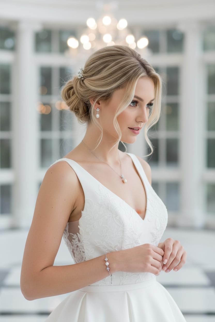 Silber Perlen Schmuckset 3-teilig Halskette Ohrringe Armband Zirkonia Strass Brautschmuck Hochzeit Kommunion Abiball