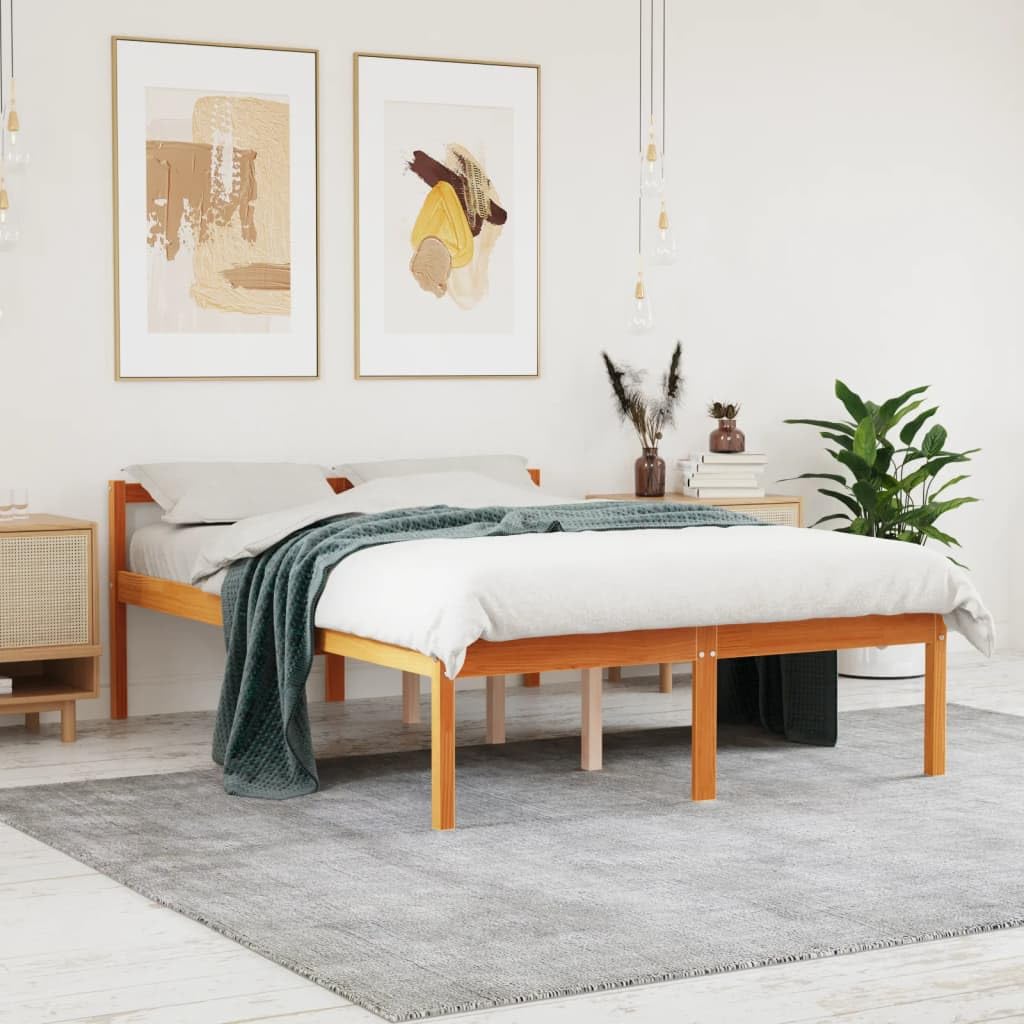 Seniorenbett Wachsbraun aus massivem Kiefernholz 140x200 cm mit Lattenrost und Stauraum, Komfortables Kopfteil, schlafzimmerfreundlich, platzsparend und seniorengerecht