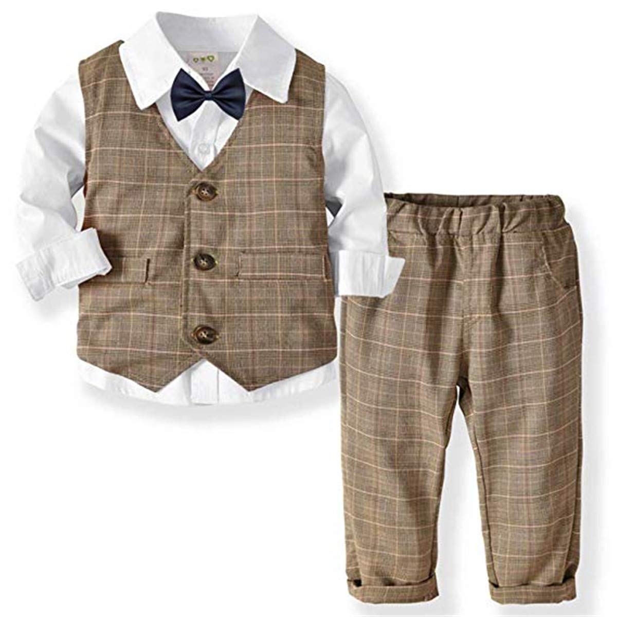 Little Toddler Boys 4Pcs Gentleman Formal Suit Four Pieces Bow Tie Long Sleeve Plaid Shirts Vest Pants Outfit Clothes Set 6-7T Suit Clothes Set