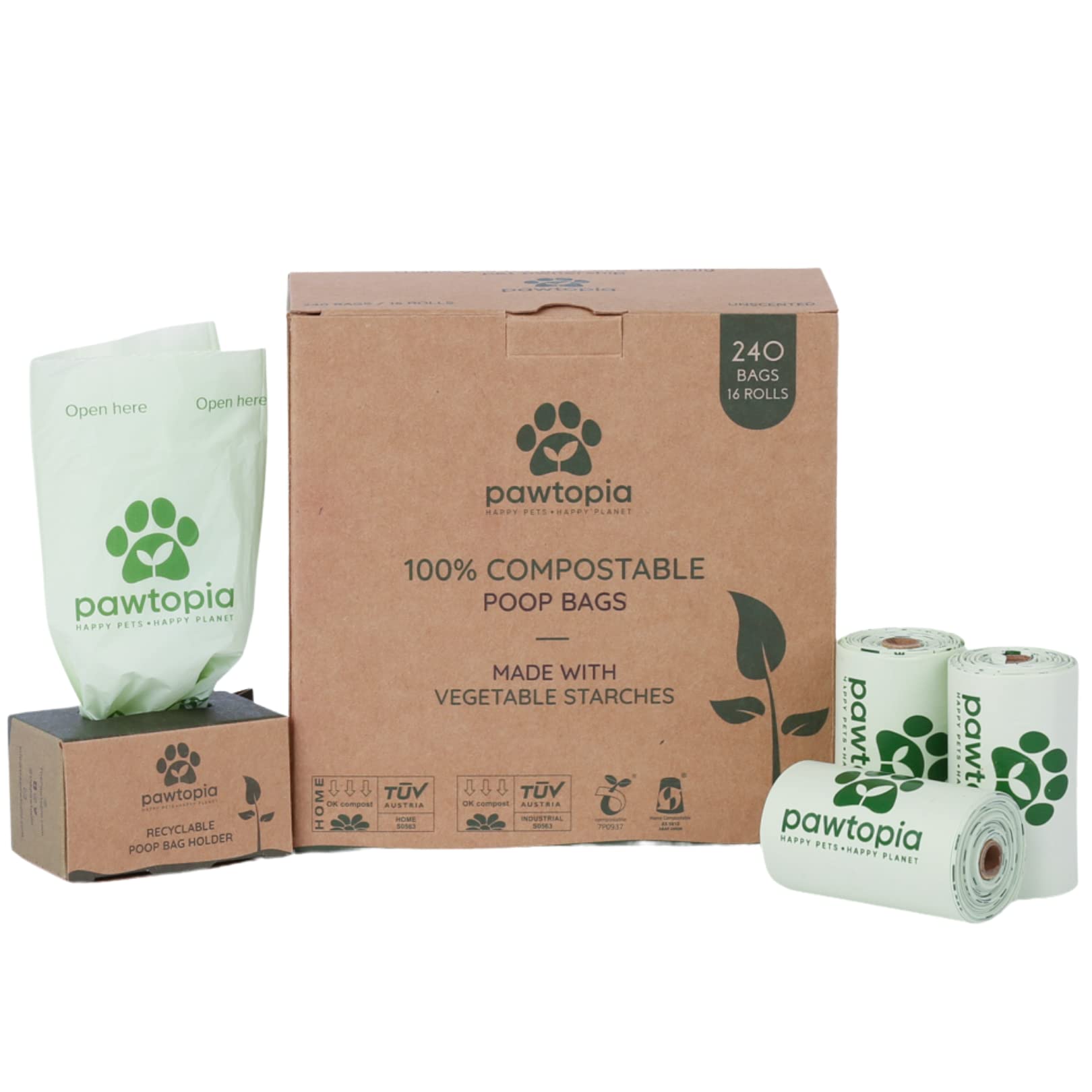 Pawtria Home Compostable Dog Poop Bags (240) with Paper Poop Bag Dispenser