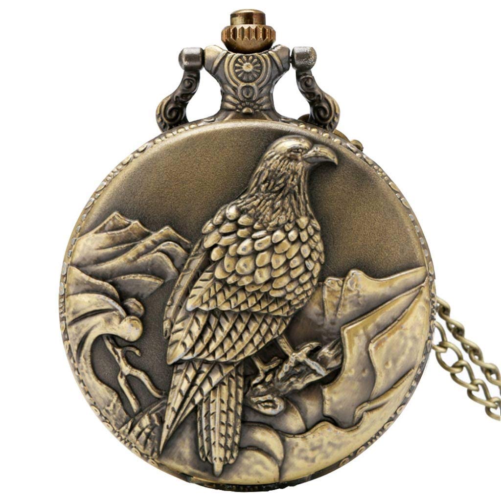 Vintage Old Eagle Display Quartz Pocket Watch Bronze Necklace