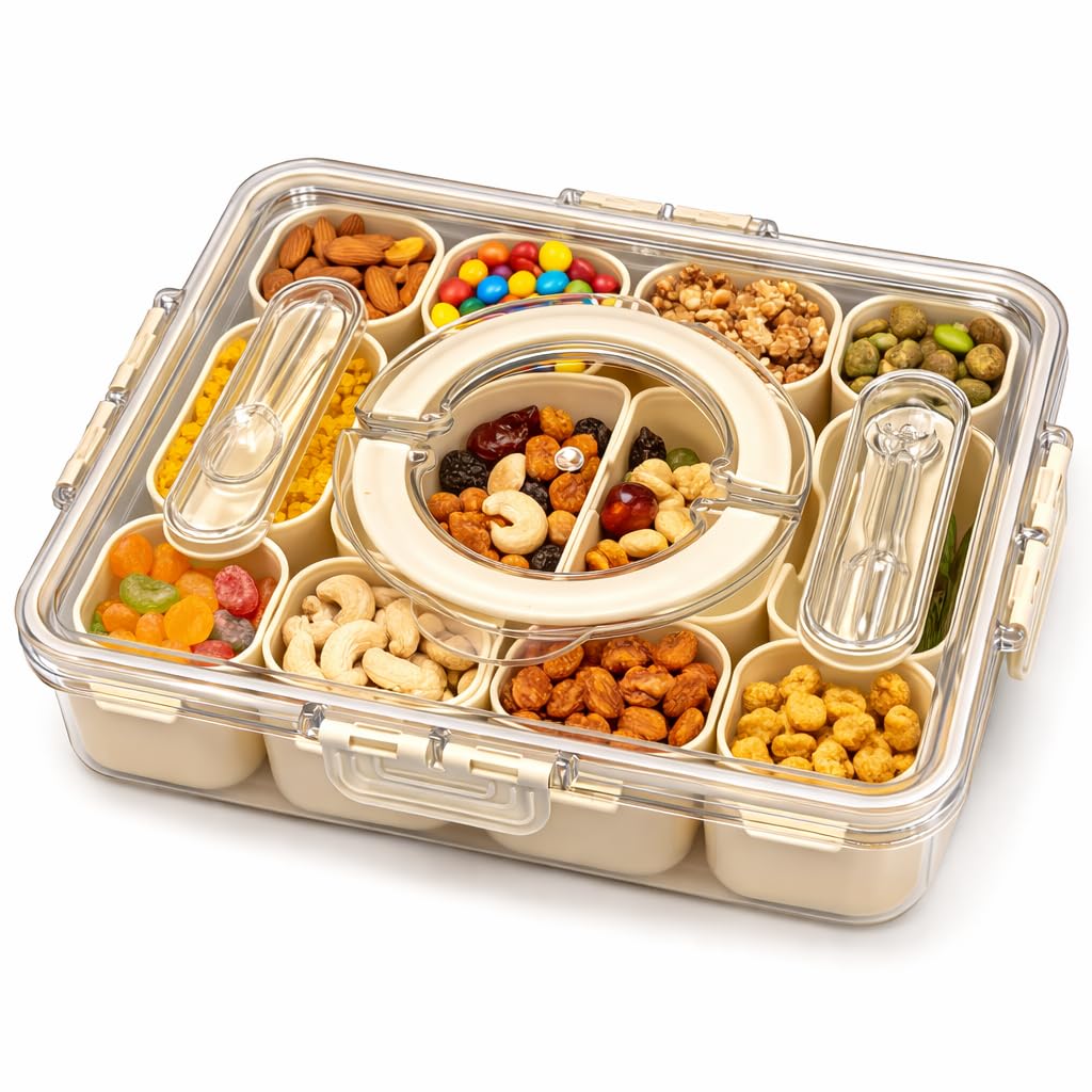 Vasukie Divided Fridge Storage Boxes With 4 Serving Veggie Tray with Lid and Handle, Fridge Organizer with Removable 4 Compartment, Fridge Storage Containers (12 Compartment-1PC)