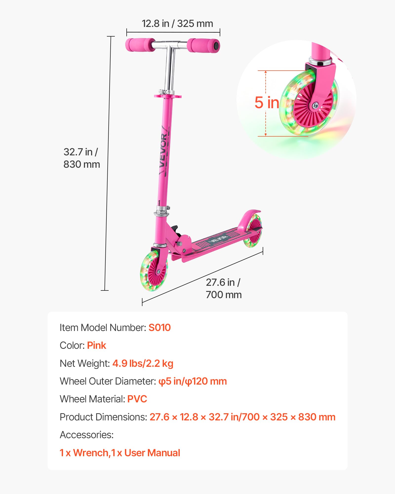 VEVOR Trottinette pour Enfants à partir de 3 Ans, patinette à 2 Roues Lumineuses, Guidon réglable en Hauteur, Large Plateau antidérapant, Cadre léger et Pliable pour garçons et Filles à 50 kg, Rose