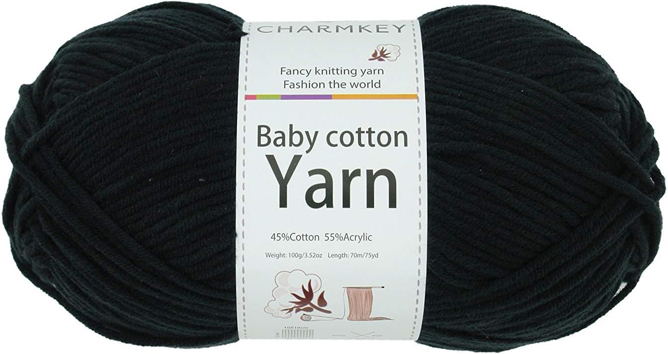 Charmkey Baby Cotton Yarn Simply Soft Boutique 4 Ply Medium Acrylic Blended Worsted Dungarees Knitting Yarn for Spring Summer Wear, 1.58 Ounce (Jet Black)