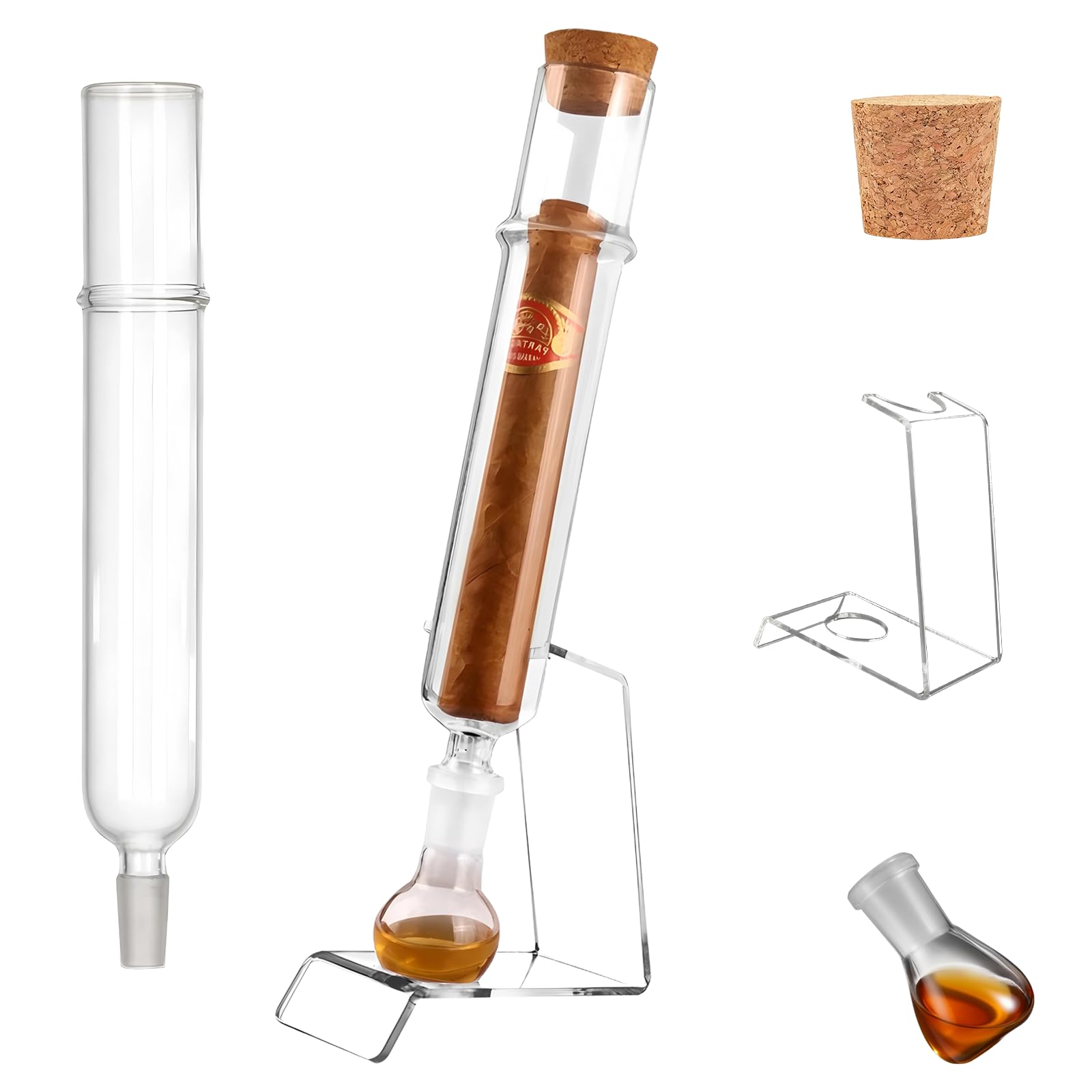 Humidor de cigarros de vidrio hecho a mano con tapas y soporte de exhibición transparente – Tubo recto, base de bola, juego de tapones de madera, estuche de viaje hermético para