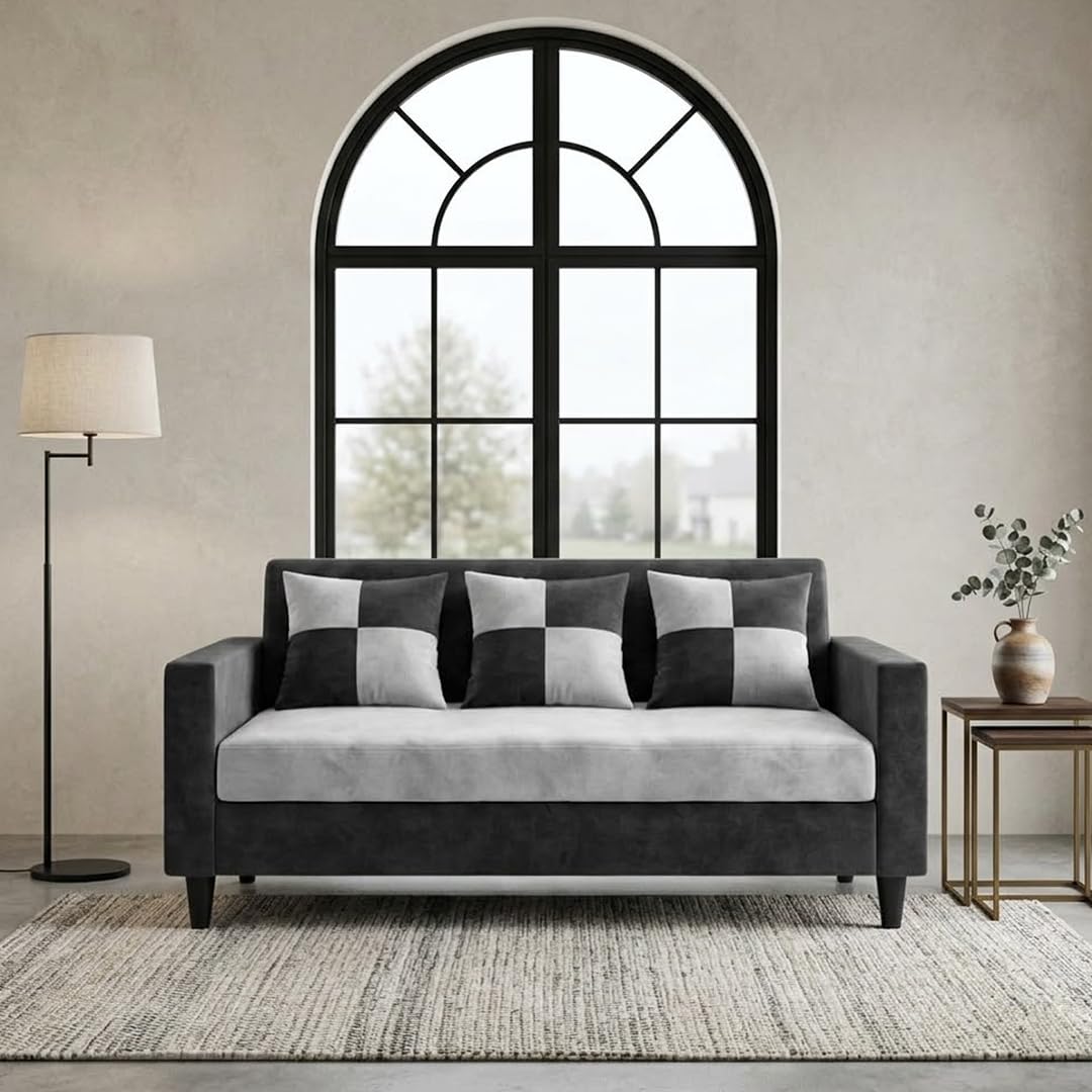 SLEEPIFY Livara 3 Seater Velvet Fabric Sofa Set (Dark Gray - Light Gray) | Premium Soft Velvet | Plush Comfort Cushions | Modern Living Room Sofa | Comfortable Living Room Sofa-image-42