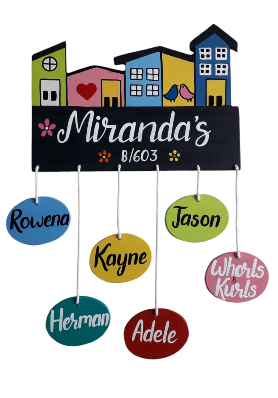 ROSE GARDEN ART CUSTOMIZED Home Door Wooden Name Plate with HAND PRINTED Acrylic Paint Letters on 8mm ISI marked PLYWOOD. Size L 16 inch.x H22 Inch. (Multicolour 1 to 7 names can be hung in it) 4