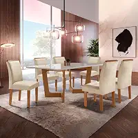 Conjunto Sala De Jantar Nápoles Tampo Vidro/mdf com 6 Cadeiras Luísa Smart Plus Cel Móveis Cinamomo/off White/bege
