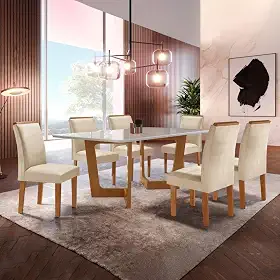 Conjunto Sala De Jantar Nápoles Tampo Vidro/mdf com 6 Cadeiras Luísa Smart Plus Cel Móveis Cinamomo/off White/bege