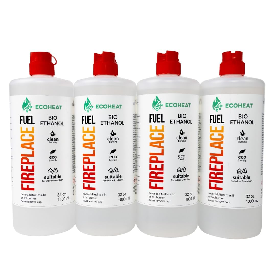 ECOHEAT Fireplace Fuel, Bio-Ethanol, Clean Burning/Eco-Friendly - (1 Gallon = 4 Quarts) for Table Top Fire Pit & Ethanol Fireplaces - Made in USA - 32 oz / 1 L (Pack of 4)