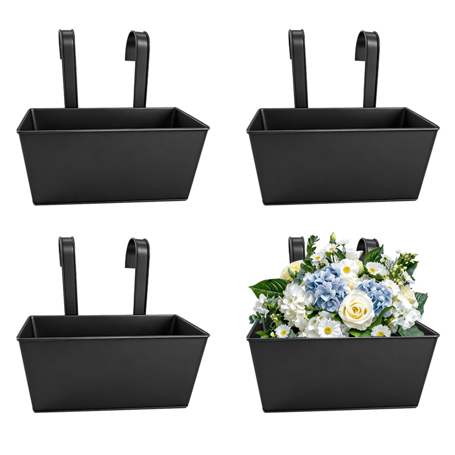 4 Stück Blumentopf Hängend, 27×24.5cm Balkon Hängende Blumentöpfe mit Abnehmbarem Haken für Balkon & Garten, Wetterfeste Übertöpfe aus Metall Für Innen & Außen, Geländer & Zaun（Schwarz）